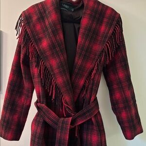 Ralph Lauren Red and Black Plaid Fringe Coat